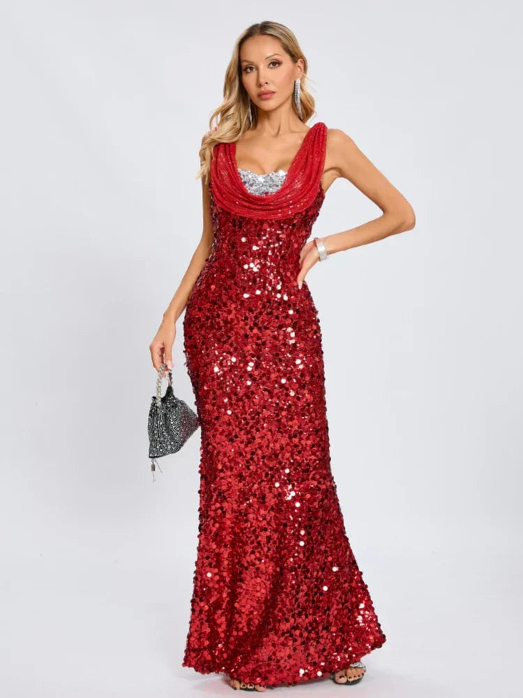 Swinging Neck Sequins Red Long Dress Mssaz Desses