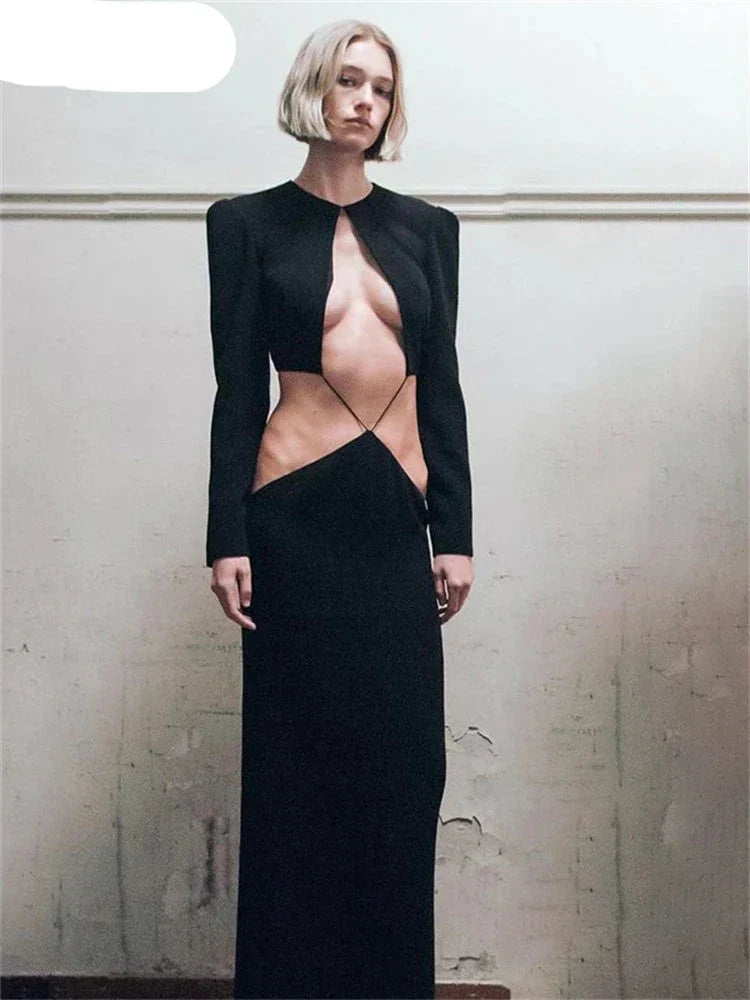 Black Cut Out Long Sleeve Dress Y2K Party Dress Mssaz Desses