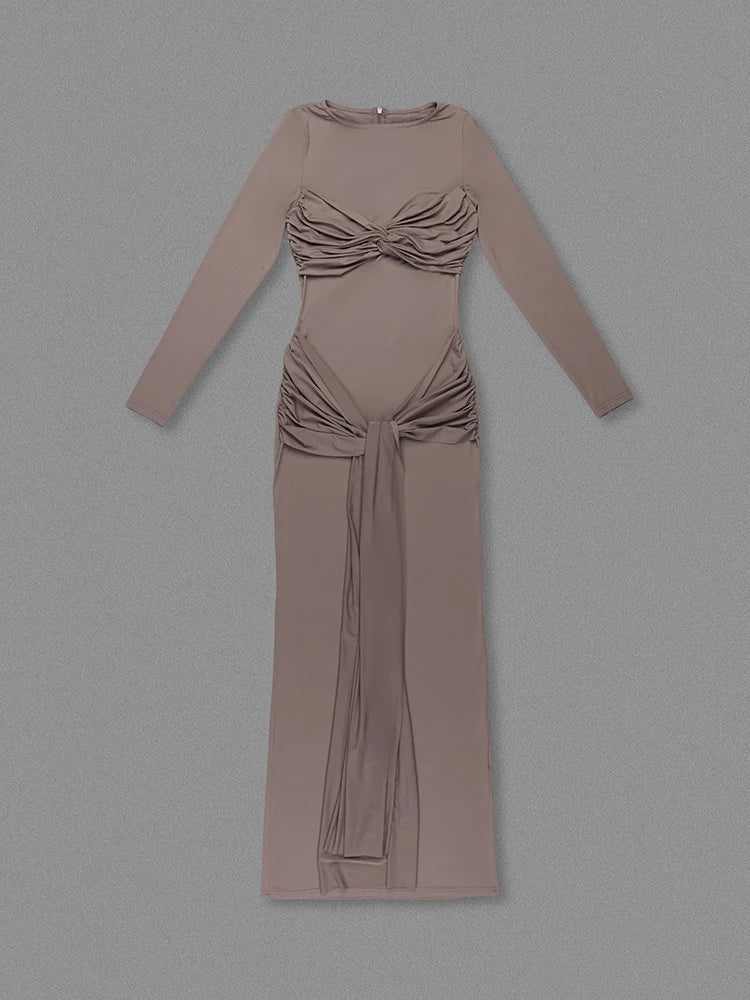 Long Sleeve Pleated Draped Maxi Dress Mssaz Desses