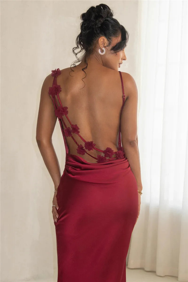 3D Flower Draped Open Back Maxi Dress Mssaz Desses
