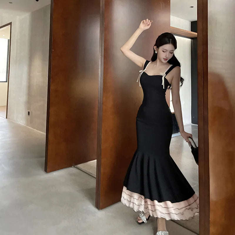 Black Ruffle Trim Fishtail Midi Dress Mssaz Desses