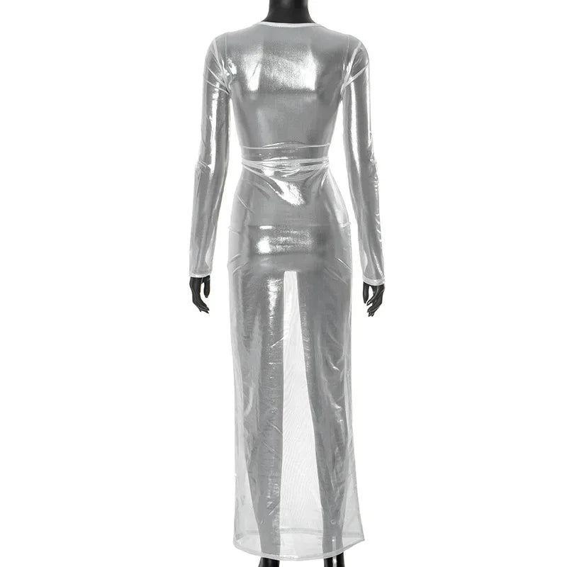 O-neck Full Sleeve Solid Color Mesh Dress Mssaz Desses