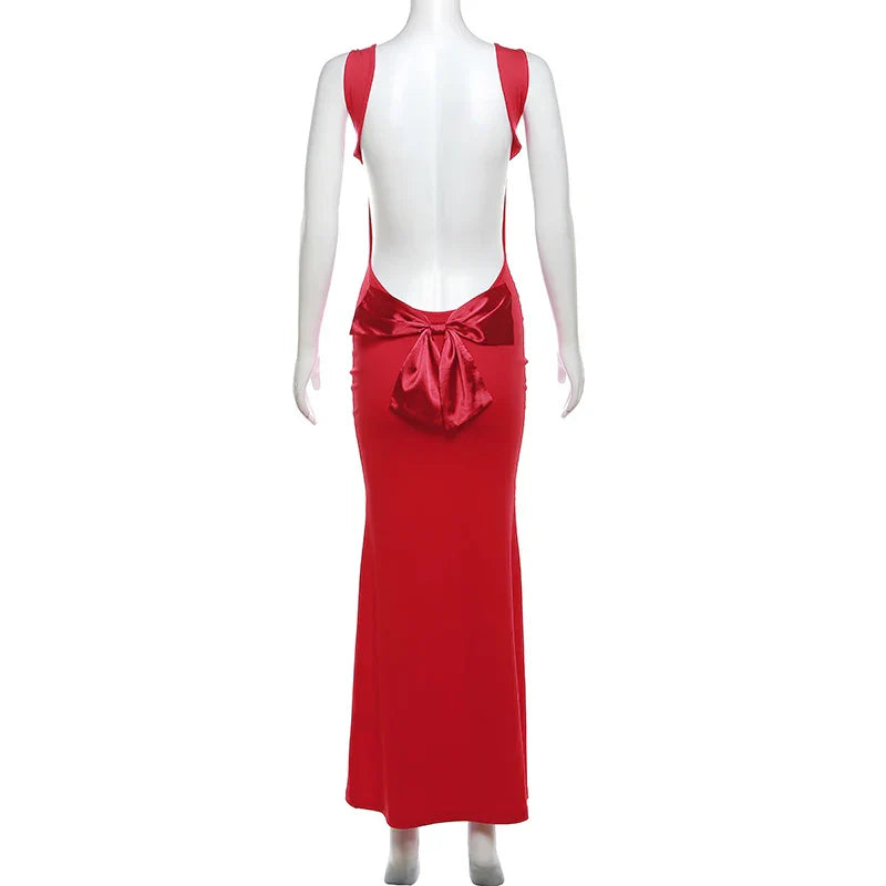 Bow Open Back Cowl Neck Long Dresses For Women Mssaz Desses