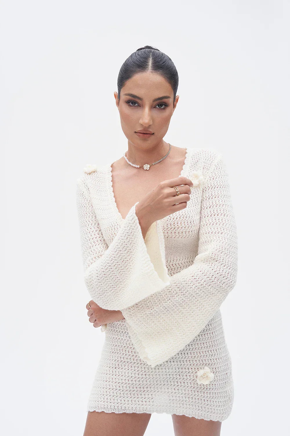3D Flower Hand Crotch Full Flare Sleeve Sweater Dress Mssaz Desses