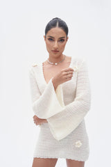 3D Flower Hand Crotch Full Flare Sleeve Sweater Dress Mssaz Desses