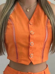 Buttons Sleeveless Solid Top and Shorts Suit Mssaz Desses