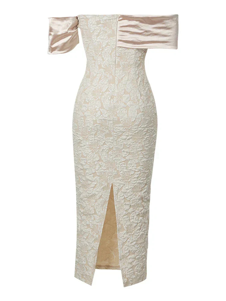 Slash Neck Embossed Flower Beige Dress Mssaz Desses