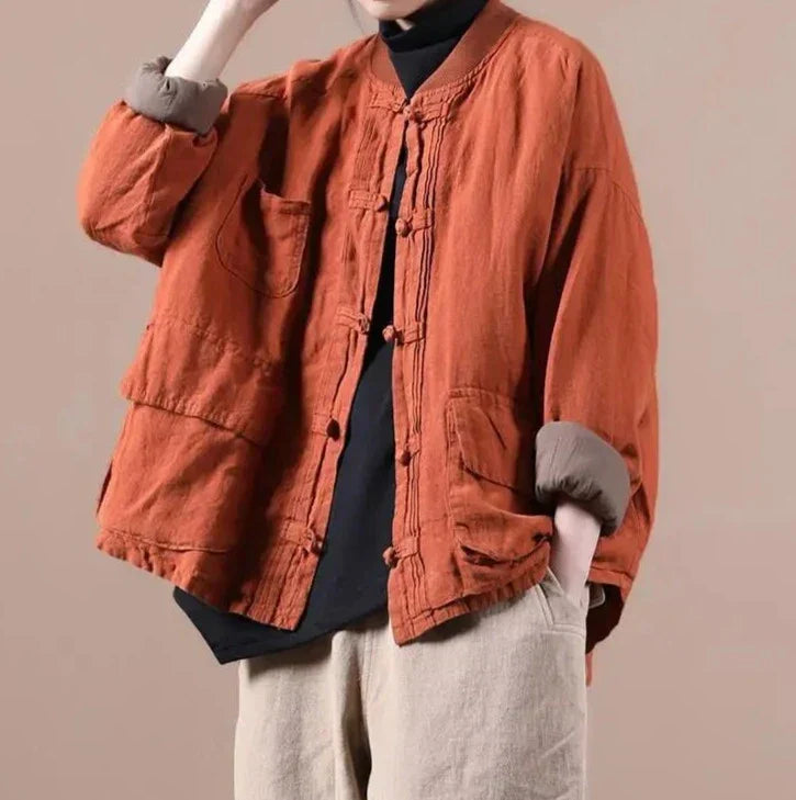 Quilted Ethnic Style Cotton And Linen Coat Mssaz Desses