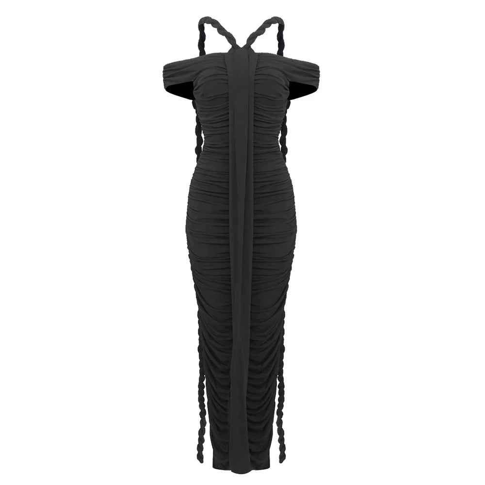 Slash Neck Pleated Braid Ribbon Long Dress Mssaz Desses