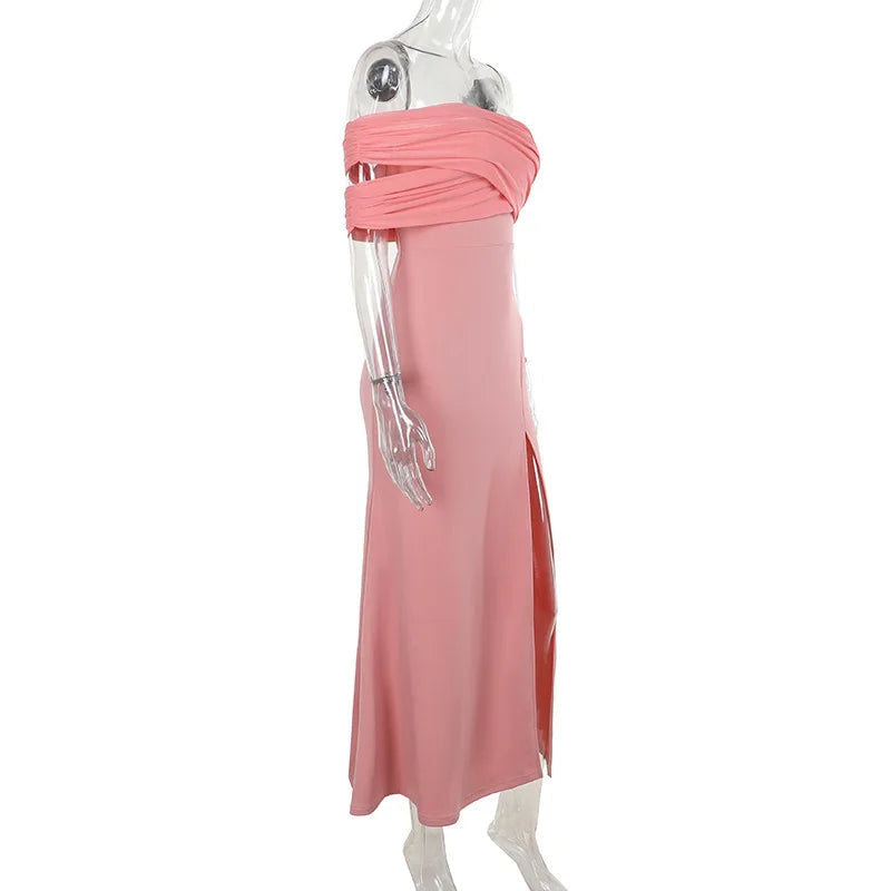 Solid One Shoulder Mesh Slit Long Dress Mssaz Desses