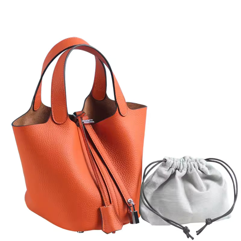 Genuine Leather Vegetable Basket Style Portable Bucket Bag Mssza