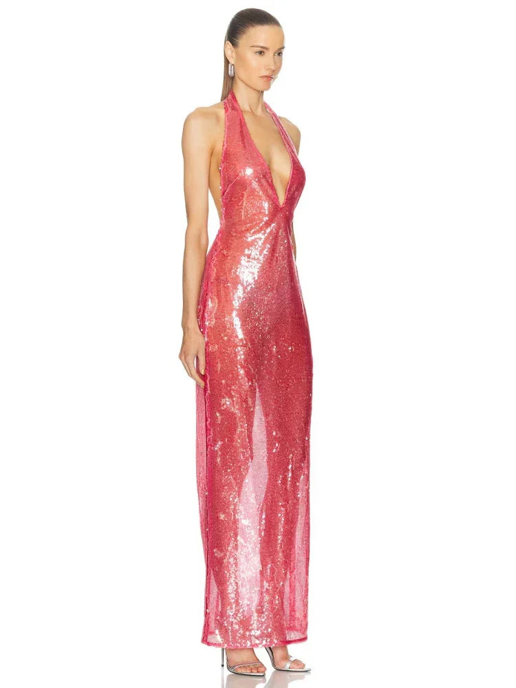 Halter Sheer Sequins Long Dress Mssaz Desses