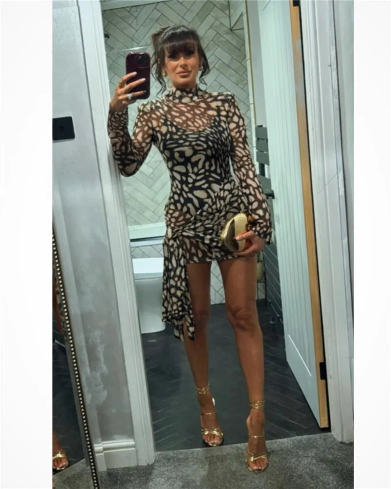 Mesh Leopard Print Turtleneck Mini Dress Mssaz Desses
