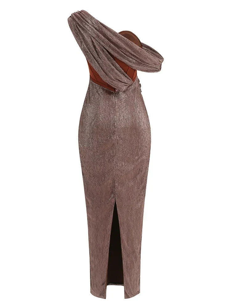 One Shoulder Draped Glitter Brown Maxi Dress Mssaz Desses