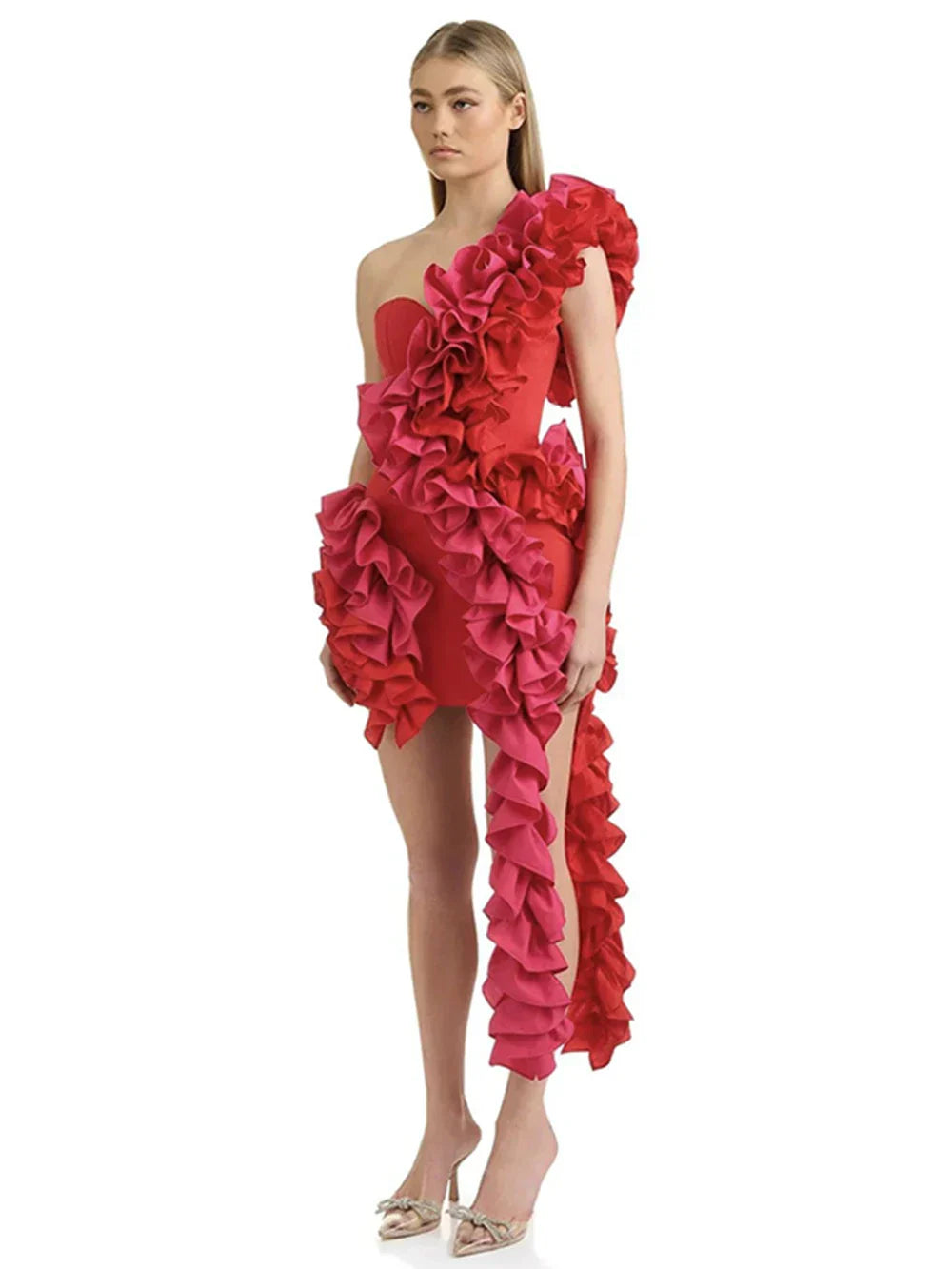 Solid Ruffles One Shoulder Strips Prom Mini Dress Mssaz Desses