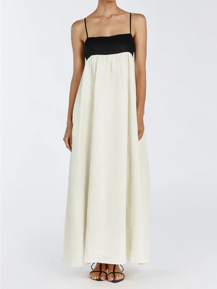 Contrast Color Block Open Back Long Dress Mssaz Desses