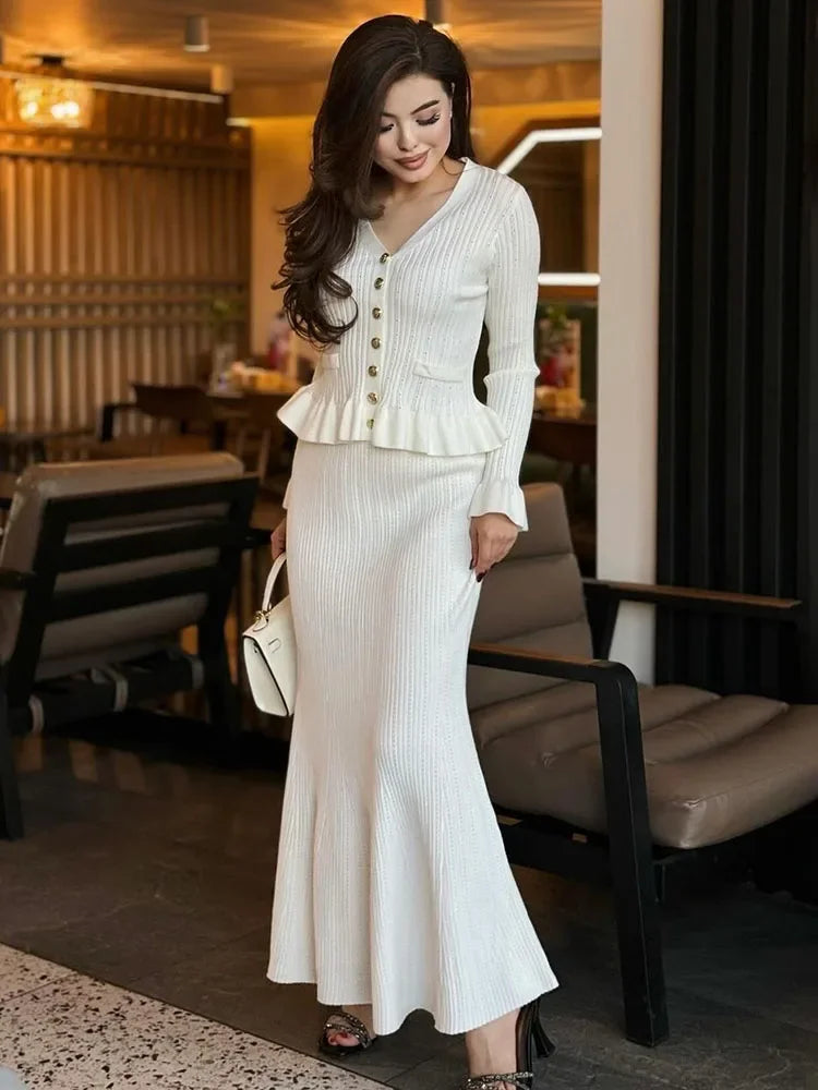 Ruffle Knitted Long Sleeve Mermaid Midi Dress Mssaz Desses