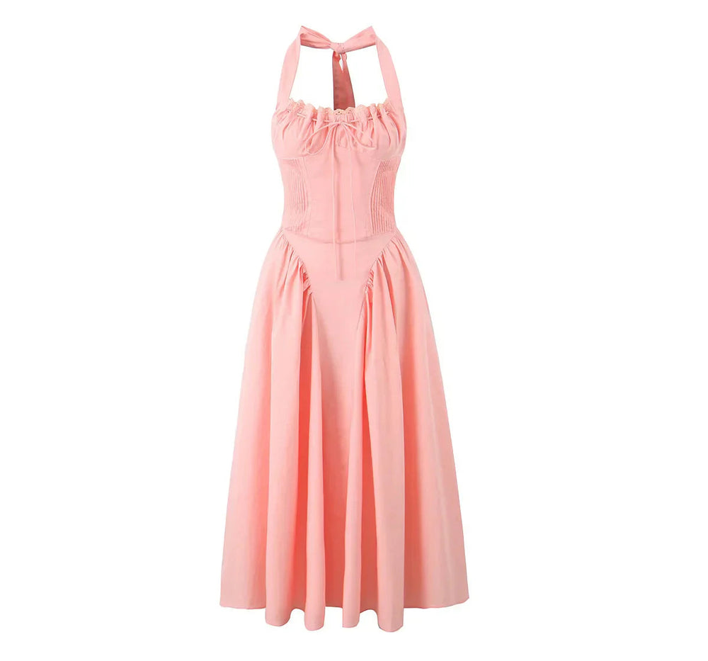 Corset Style Bow Halter Spliced Lace Midi Dress Mssaz Desses