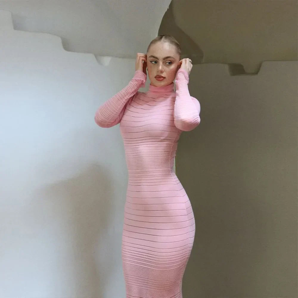 Striped Knitted Half High Collar Dress Mssaz Desses
