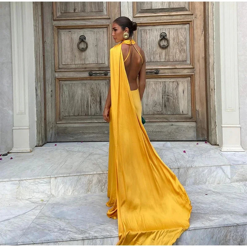 Yellow Satin Backless Lace-Up Off-Shoulder Maxi Dress Mssaz Desses