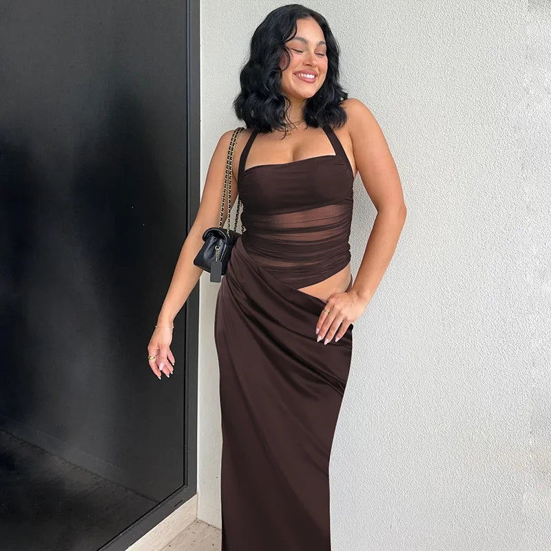 Mesh Patchwork Backless Halter Bodycon Gown Mssaz Desses