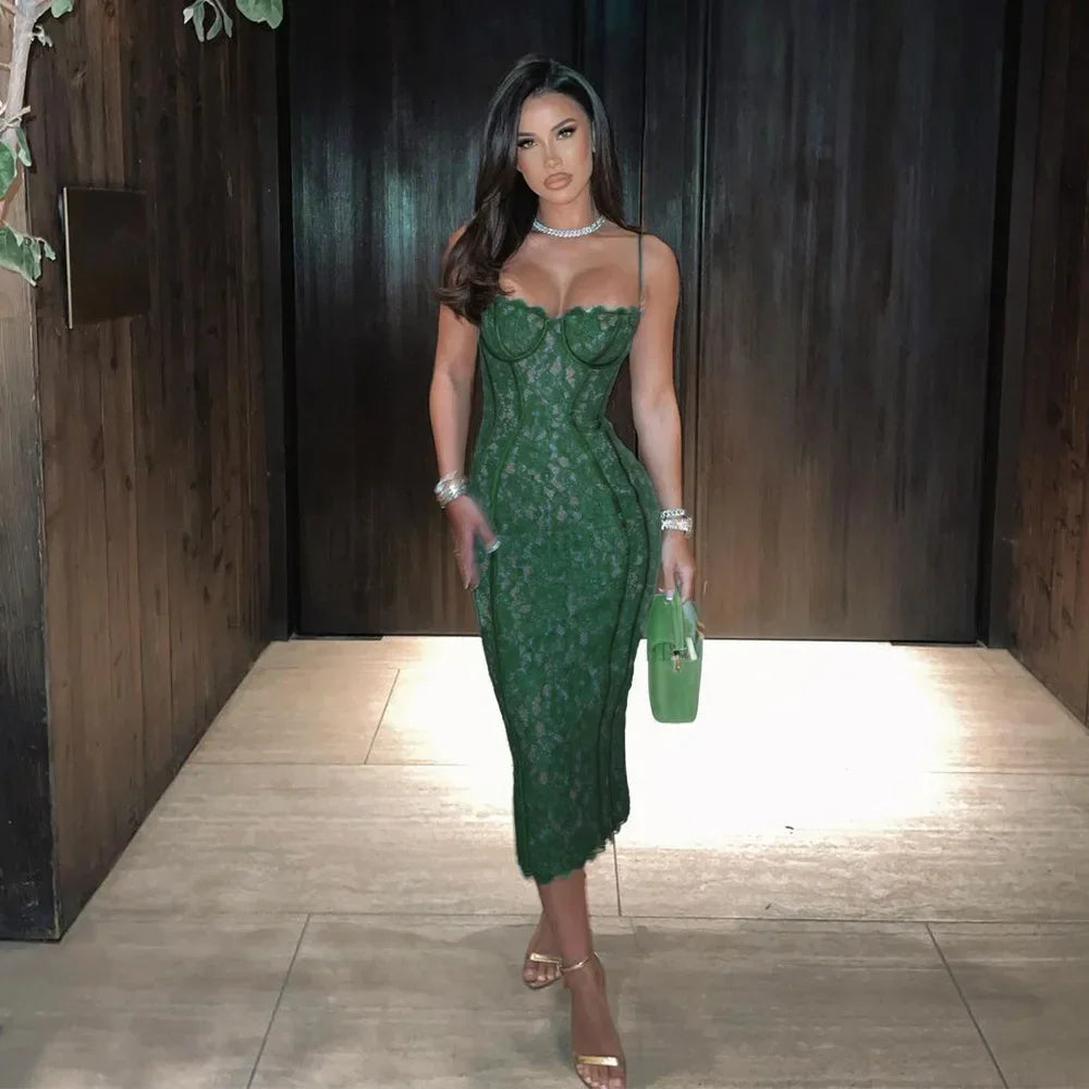 Spaghetti Strap Midi Green Dress Mssaz Desses