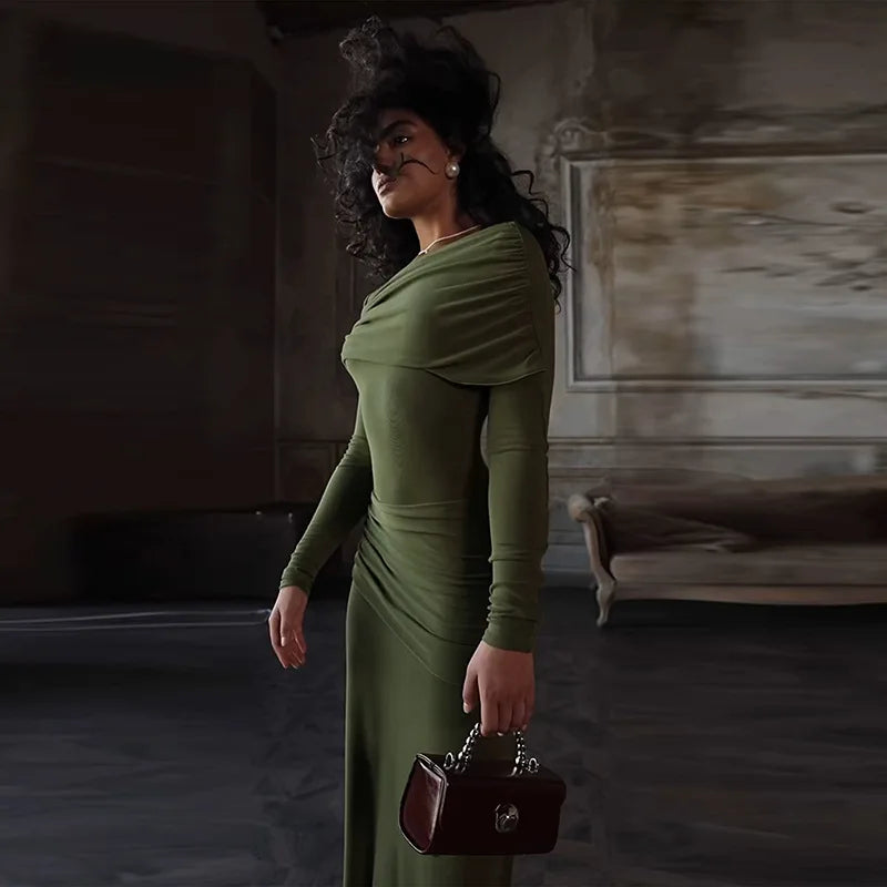 Solid Long Sleeve Irregular Splice Long Dress Mssaz Desses
