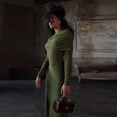 Solid Long Sleeve Irregular Splice Long Dress Mssaz Desses