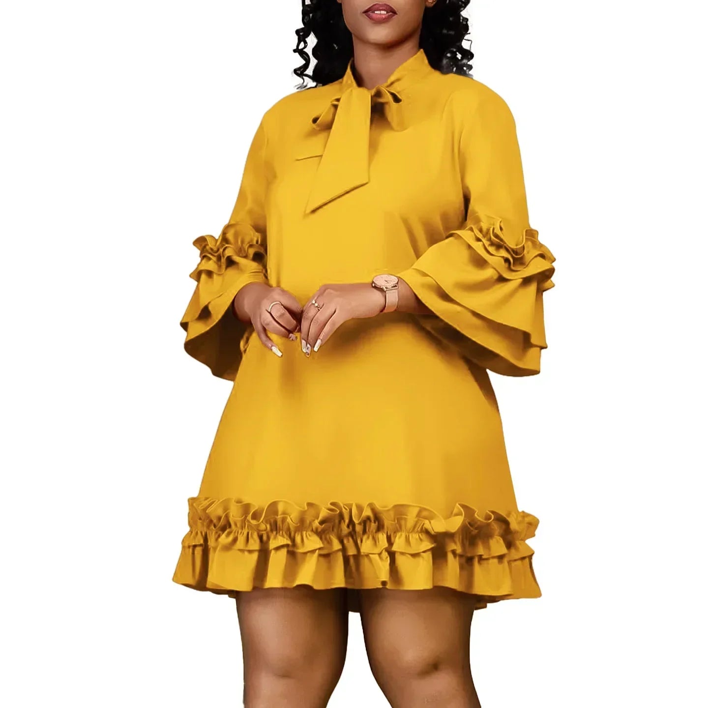 Solid Pleated Ruffles Hem High Neck Mini Dress Mssaz Desses
