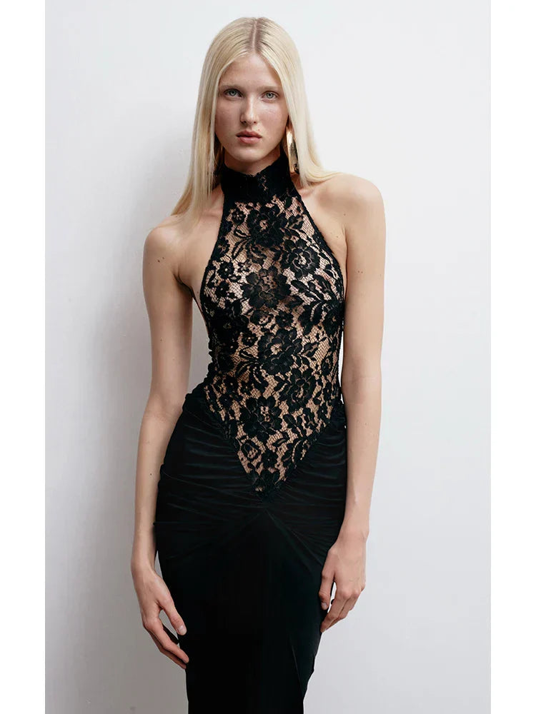 Halter Neck Lace Patchwork Black Maxi Dress Mssaz Desses
