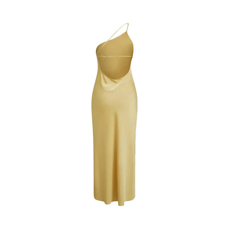 Backless Satin Slant Shoulder Solid Slit Long Dress Mssaz Desses