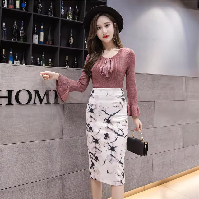Casual Printed Stretch Knee Length Midi Vintage Pencil Skirt Mssza