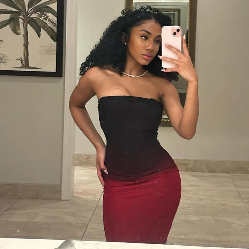Strapless Black-Red Gradient Long Dress Mssaz Desses