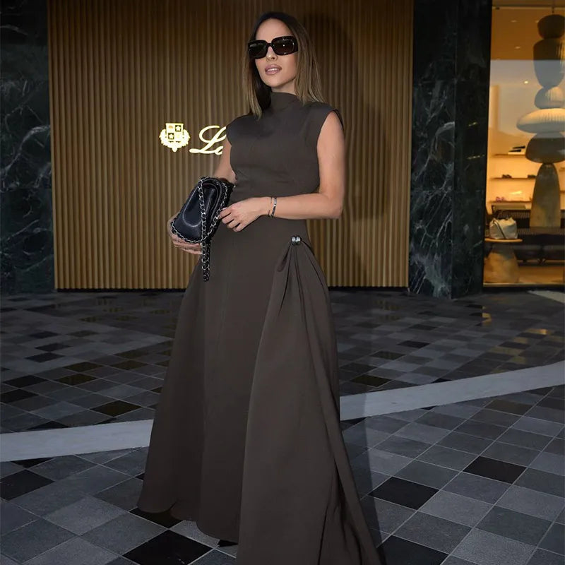 Slanted Collar Solid Pleated Long Dress Mssaz Desses