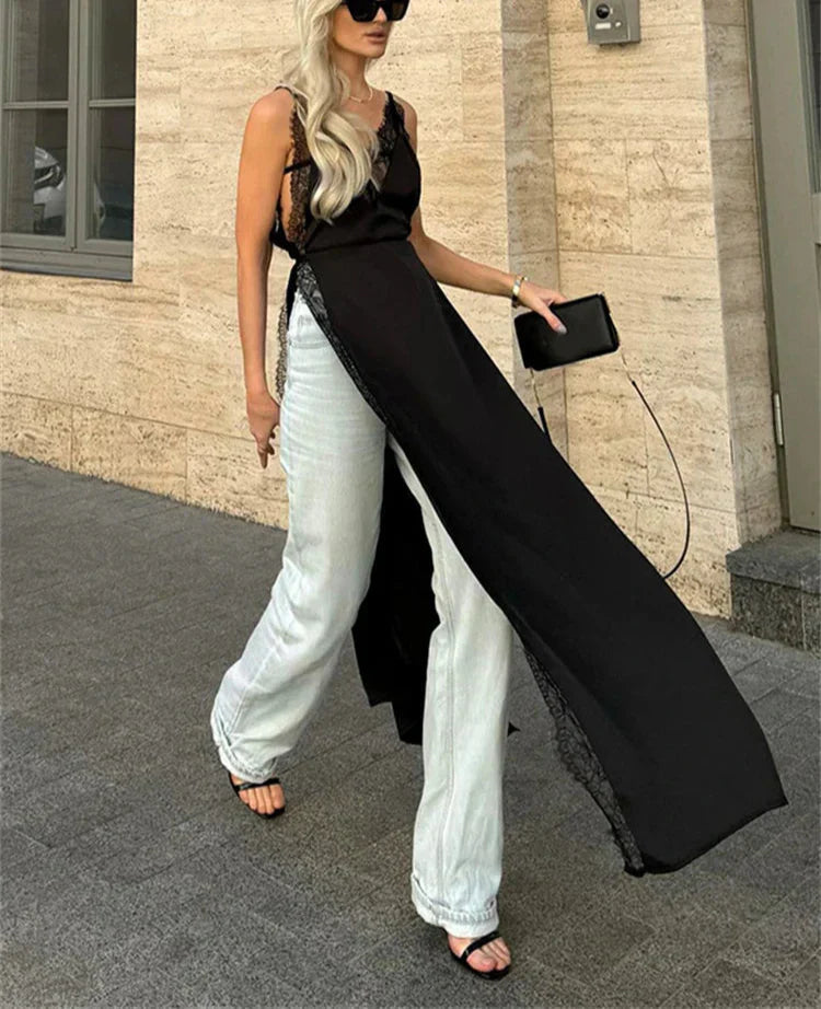 Lace Satin Patchwork High Split Maxi Dress Mssaz Desses