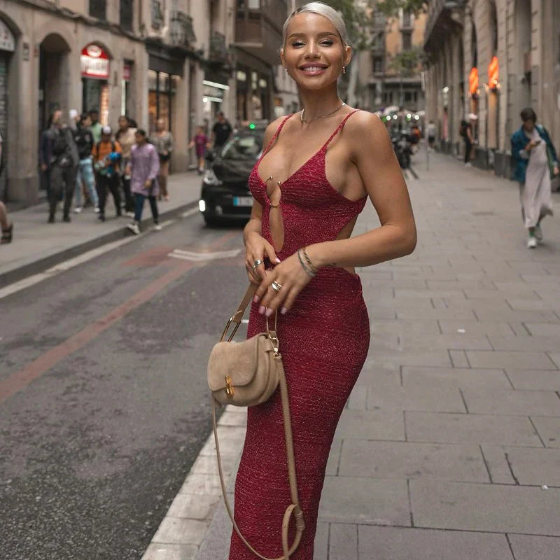 Shiny Silk Knit Metal Ring Bodycon Dress Mssaz Desses
