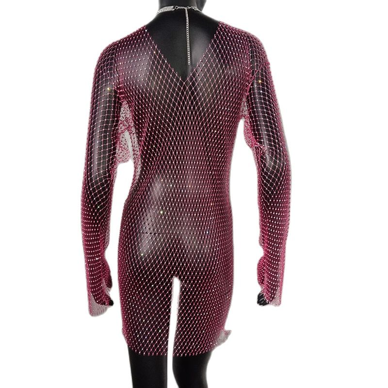 Bling Rhinestones Fishnet Mini Dress  Long Sleeve Crystal Dress Mssaz Desses