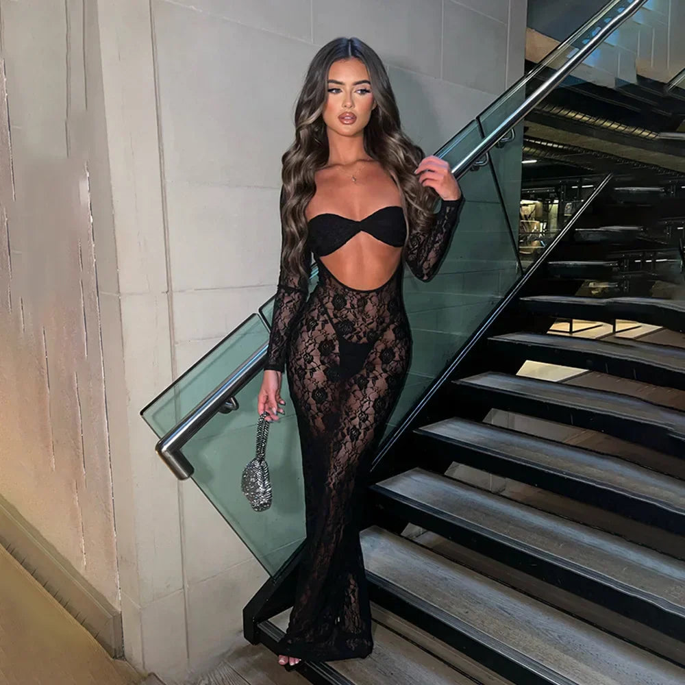 Perspective Lace Hollow Out Bodycon Maxi Dress Mssaz Desses