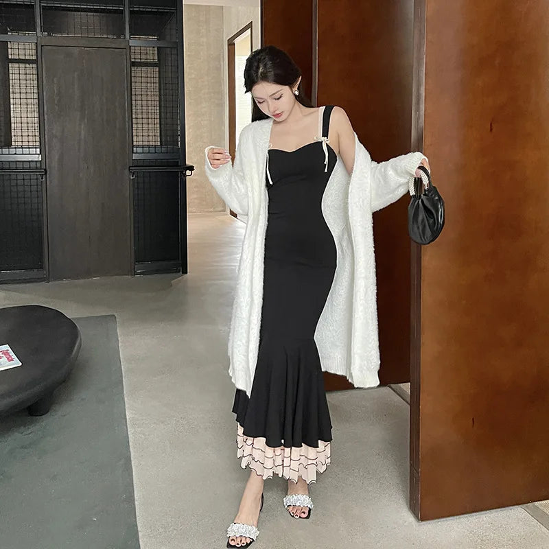 Black Ruffle Trim Fishtail Midi Dress Mssaz Desses