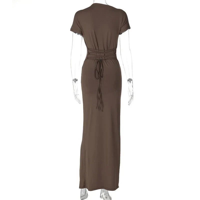 Short Sleeve Maxi Dress Curvy Silhouette & Flattering Tie-Up Mssaz Desses