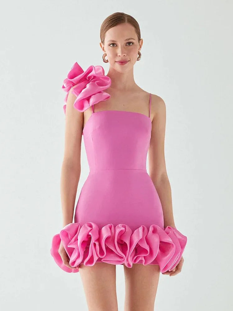 Pink One Shoulder Ruffles Mini Dress Mssaz Desses