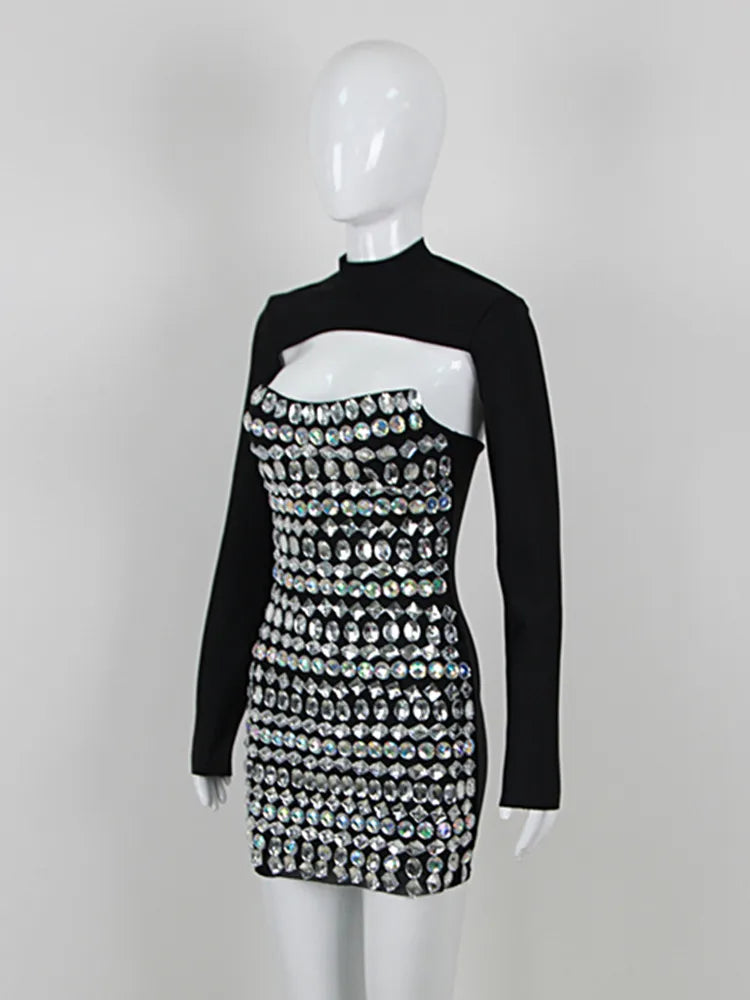 Turtleneck Beading Rhinestone Black Mini Dress Mssaz Desses