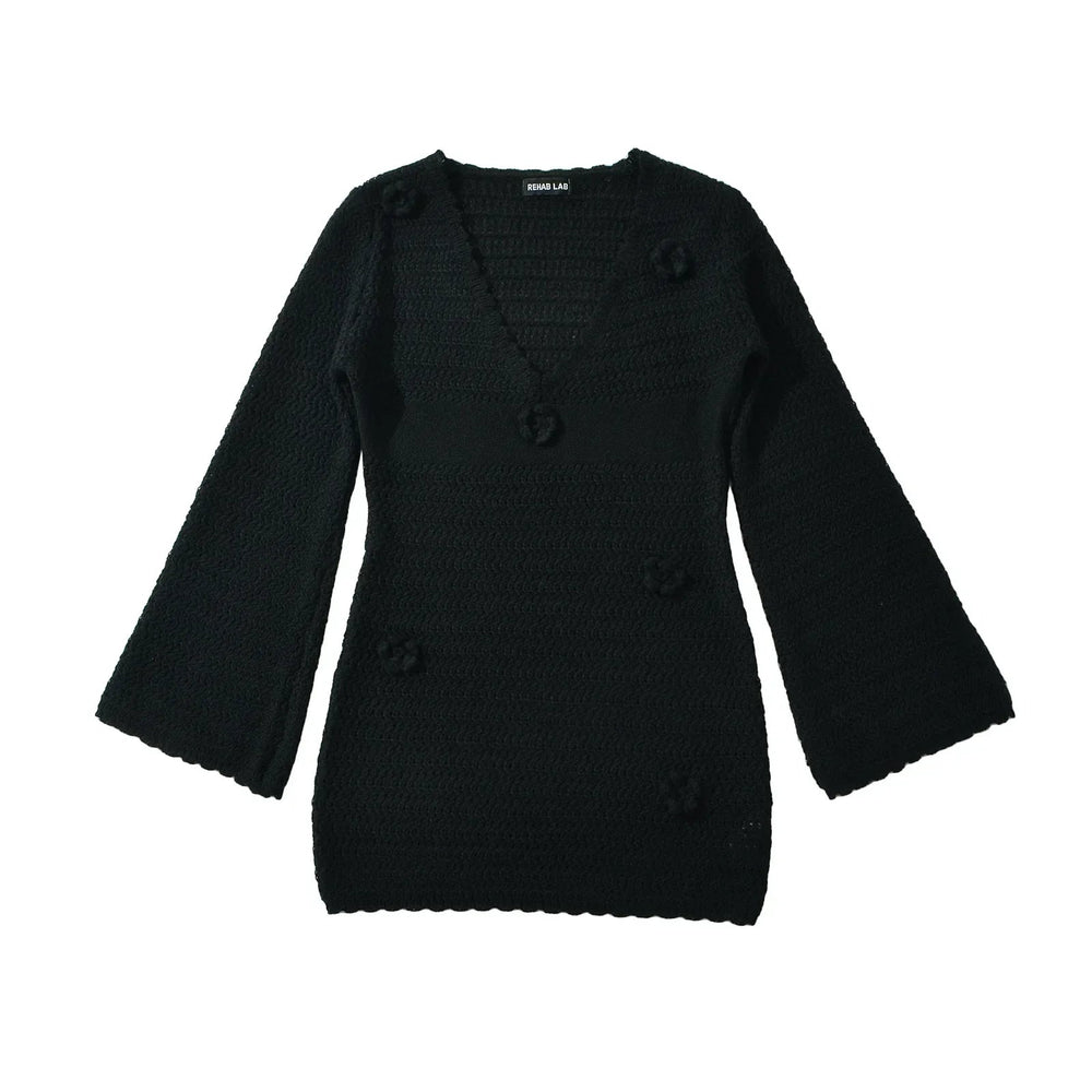3D Flower Hand Crotch Full Flare Sleeve Sweater Dress Mssaz Desses