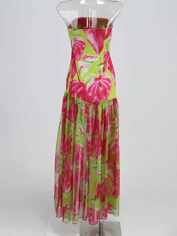 Strapless Retro Print Split Long Dress Mssaz Desses