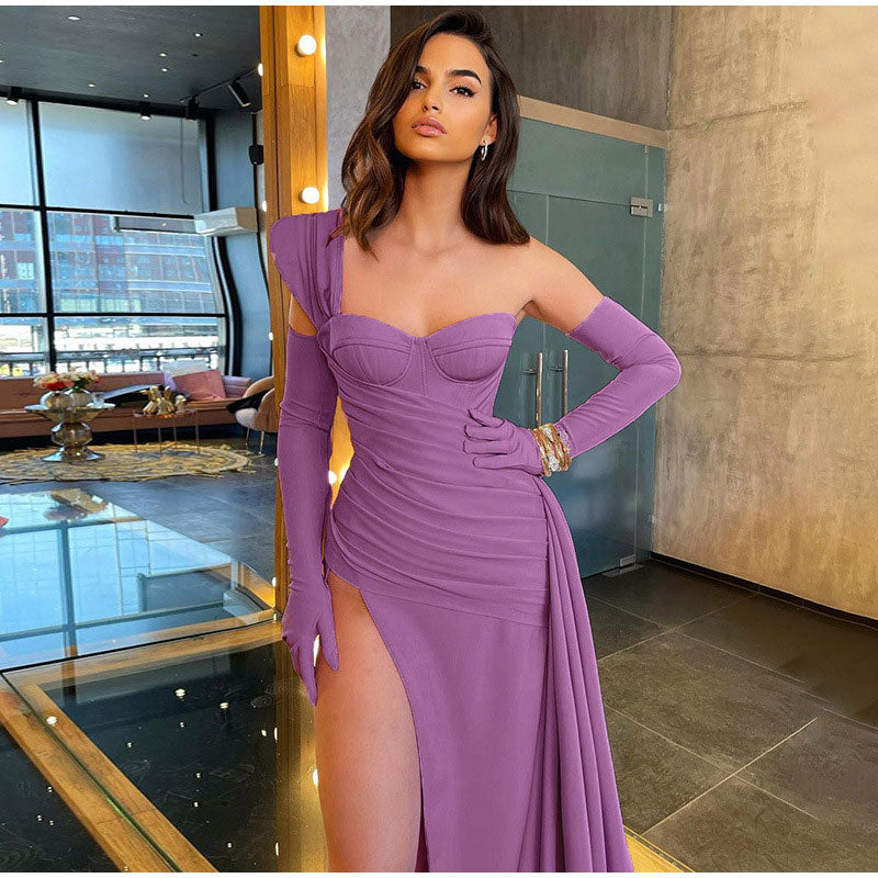 Solid Satin Asymmetric Slit Long Sleeve Dress Mssaz Desses