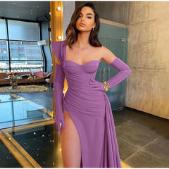 Solid Satin Asymmetric Slit Long Sleeve Dress Mssaz Desses