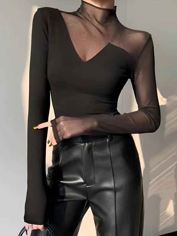 Long Sleeve Mesh Asymmetric Skinny Tops Mssza