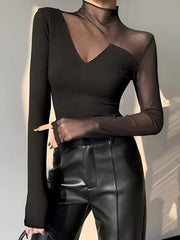 Long Sleeve Mesh Asymmetric Skinny Tops Mssza