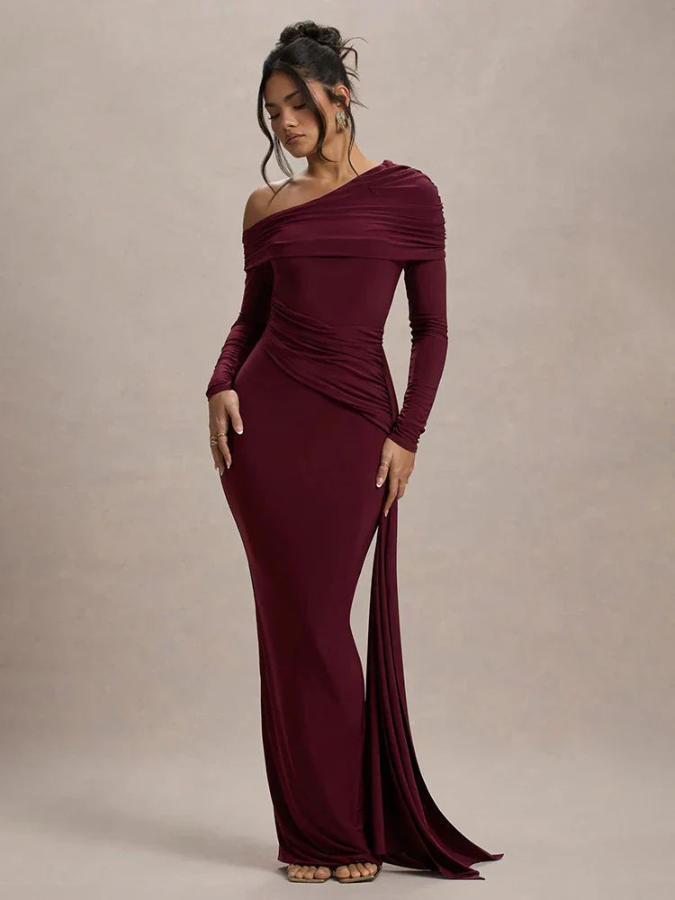 Skew Collar Long Sleeve Maxi Dress Mssaz Desses