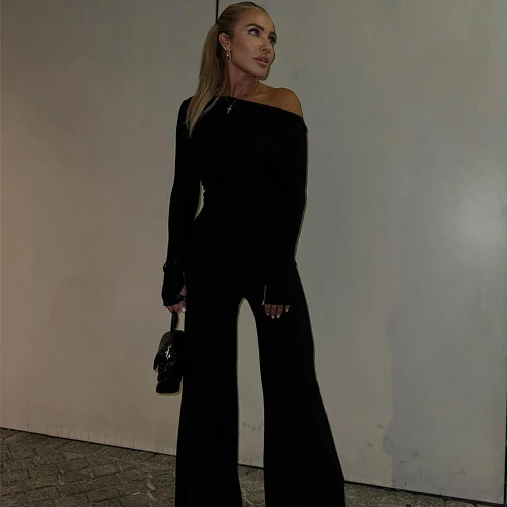 One Shoulder Flare Sleeve Top Long Pant Suit Mssaz Desses